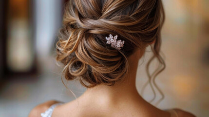Elegant bridal hairstyle featuring twisted low bun adorned with jeweled accessory, showcasing intricate details and soft waves. Perfect for weddings and special occasions