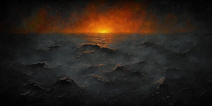 dark turbulent ocean waves under a fiery orange sunset sky creating a dramatic and intense atmosphere