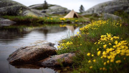 Mountain tarn reflects a beige tent