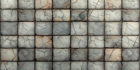 Fototapeta premium Close-up view of a tiled stone pavement composed of worn square stones with natural cracks and varied gray, beige, and brown tones