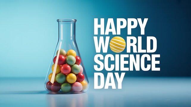 Happy world science day with colorful gumballs in a beaker