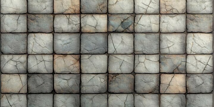 Close-up view of a tiled stone pavement composed of worn square stones with natural cracks and varied gray, beige, and brown tones