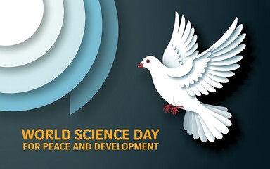 White dove flying with abstract blue circles and text world science day for peace and development