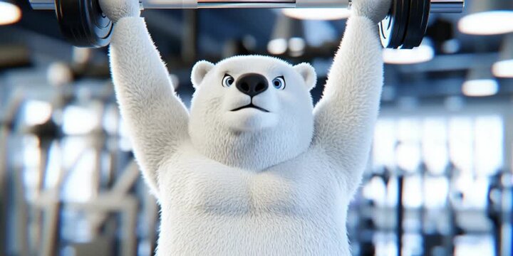 Polar bear lifting barbell in gym during strength training exercise