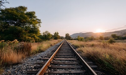 Rustic railway tracks stretching into the distance, surrounded by wild grass and trees under a golden sunset sky.