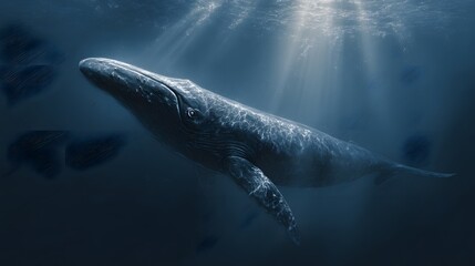 Obraz premium blue whale swims alone in the deep ocean