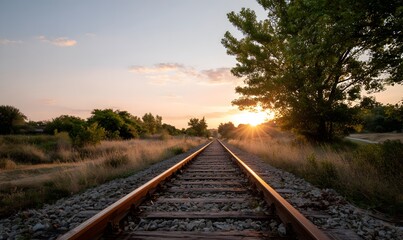 Obraz premium Rustic railway tracks stretching into the distance, surrounded by wild grass and trees under a golden sunset sky.