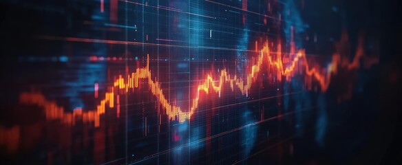 Bright orange and red fluctuating financial graph line on a dark blue digital grid background indicating market data trends and analysis