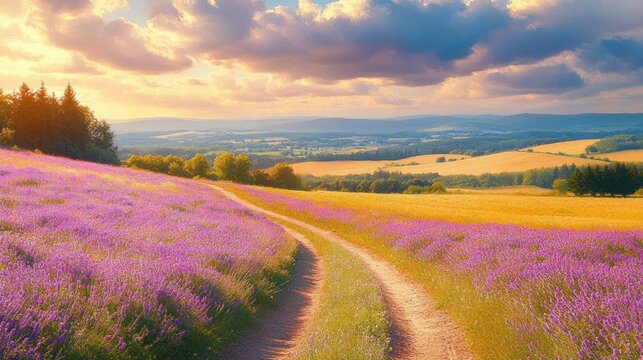 Sunset over winding dirt road through vibrant lavender fields with golden meadows and distant trees under dramatic cloud sky - Powered by Adobe
