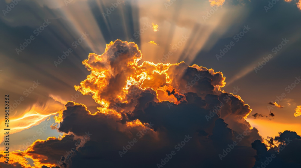 Poster golden light beams parting clouds create stunning display in cloudy sky, evoking sense of wonder and