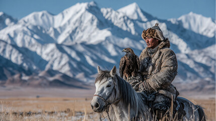 Mongolian eagle hunter on horseback during the Golden Eagle Festival in Bayan-Ölgii, dressed in traditional fur-trimmed attire, holding a majestic golden eagle on his gloved arm