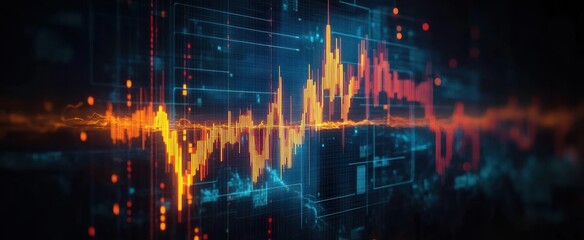 Abstract digital data visualization with fluctuating orange and red waveforms over a blue grid background conveying dynamic information flow