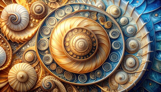 Detailed Arrangement of Golden Seashell Spirals in a Circular Marine Geometric Pattern with Blue Accents - Powered by Adobe