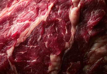 Close-up view of fresh raw red meat with visible marbling and fat streaks, showcasing texture and freshness
