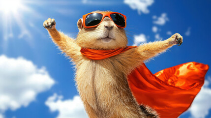 Superhero Animal in Sunglasses with Red Cape Against Bright Sky