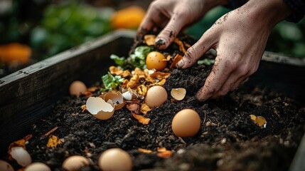Person's hands mixing soil and organic waste including eggshells and vegetable scraps in a wooden compost bin outdoors
