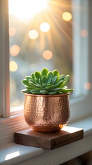Cozy succulent plant in a hammered copper pot on a windowsill with warm morning sunlight bokeh