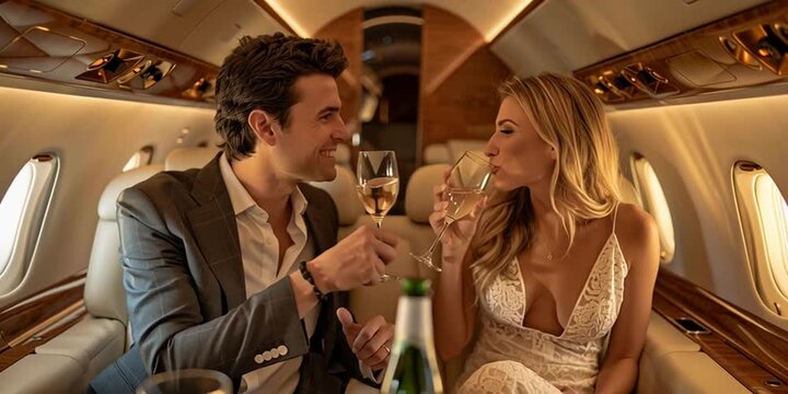 young couple living the billionaire lifestyle on a private flight
