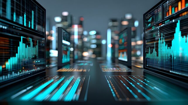 Futuristic Digital Data Analytics Displaying Financial Trends and Insights in Urban Environment