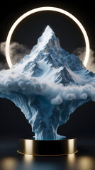 Majestic snow-capped mountain on a pedestal with a glowing halo ring against a dark background, generative AI