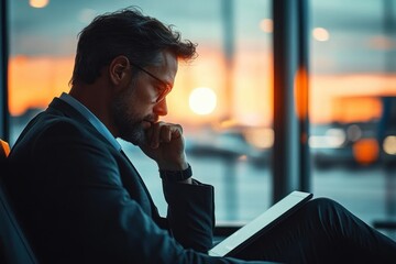 Thoughtful man in suit and glasses sitting with digital tablet near large windows during sunset with blurred outside view