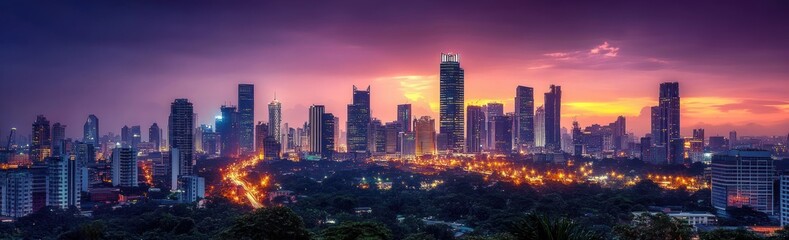 Obraz premium Panoramic city skyline at dusk with illuminated skyscrapers and a colorful purple and orange sunset sky creating a vibrant and serene urban atmosphere
