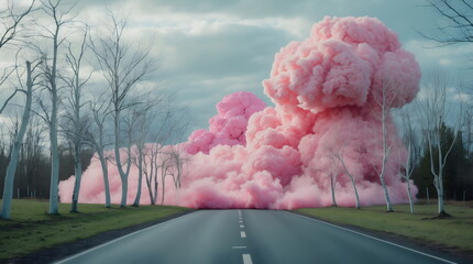 Surreal landscape of an empty road leading into an explosion of pink smoke or clouds, generative ai