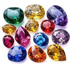 Fototapeta premium Collection of various colorful faceted gemstones on a white background displaying brilliance and light reflections