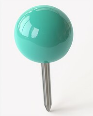 close-up of a shiny turquoise push pin with a metallic needle on a plain white background