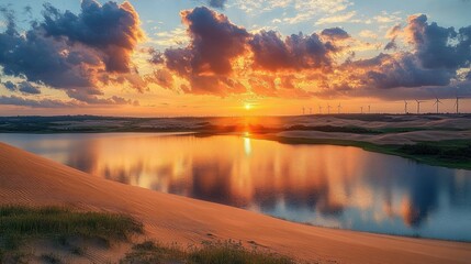 Sunset over a tranquil lake surrounded by sand dunes with clouds reflecting on the water and wind turbines in the distance creating a serene and majestic atmosphere