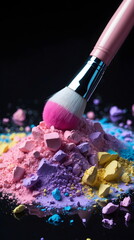 Makeup brush on piles of vibrant crushed cosmetic powder eyeshadow, generative AI