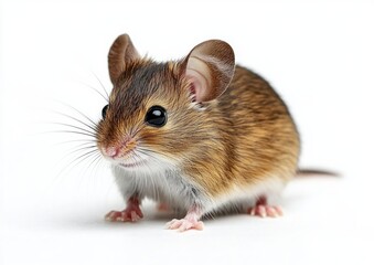 Close-up of a small brown mouse with large shiny eyes and pink paws on a white background showing delicate whiskers and soft fur