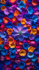 Vibrant macro background of colorful blue, purple, and orange flower petals, generative AI
