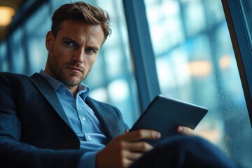 Fototapeta premium Thoughtful young man in business attire sitting by large window while holding a digital tablet and looking slightly to the side in low light
