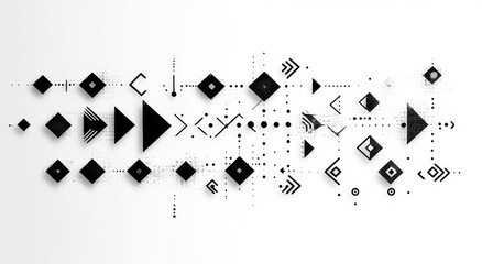Abstract black geometric shapes including diamonds, triangles, arrows, dots, and lines arranged in a complex pattern on a white background conveying a modern and digital aesthetic