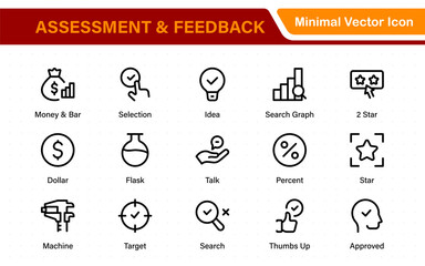 Assessment and Feedback icon pack. Includes rating stars, surveys, feedback forms, and assessment tools.