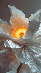 Abstract sculpture of a white paper flower with a glowing warm light in its center, generative AI