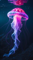 Glowing bioluminescent pink jellyfish swimming in the deep dark ocean, generative AI