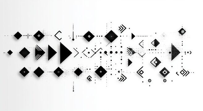 Abstract black geometric shapes including diamonds, triangles, arrows, dots, and lines arranged in a complex pattern on a white background conveying a modern and digital aesthetic