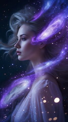 Ethereal double exposure portrait of a woman merging with a purple galaxy and stars, generative AI