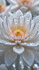 Extreme macro of a delicate white flower with sparkling dew drops on its petals, generative AI