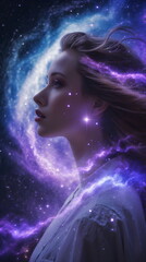 Ethereal double exposure portrait of a woman merging with a purple galaxy and stars, generative AI