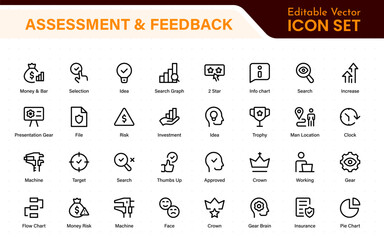 Assessment and Feedback icon pack. Includes rating stars, surveys, feedback forms, and assessment tools.