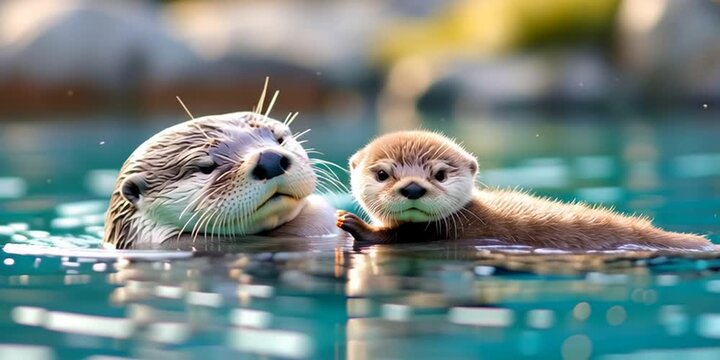 Baby sea otter with its mama otter in the water