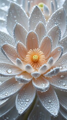 Extreme macro of a delicate white flower with sparkling dew drops on its petals, generative AI