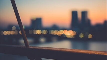 Blurred city lights glow at dusk with a wooden railing in the foreground