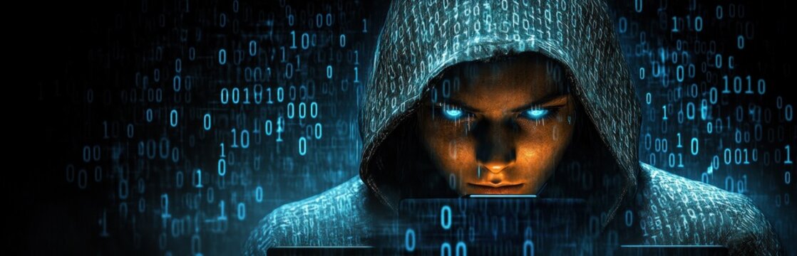 Focused person wearing hoodie with glowing blue eyes surrounded by digital binary code in dark environment, depicting intense concentration and cyber presence