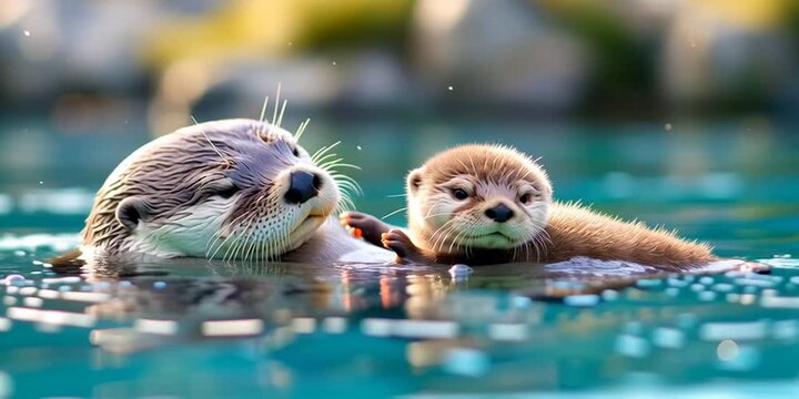 Baby sea otter with its mama otter in the water