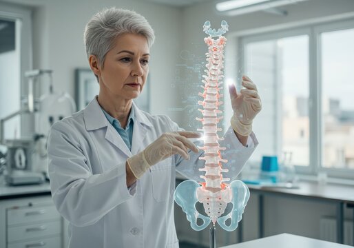 A doctor studies a holographic spine model in a lab, showcasing medical innovation and research.