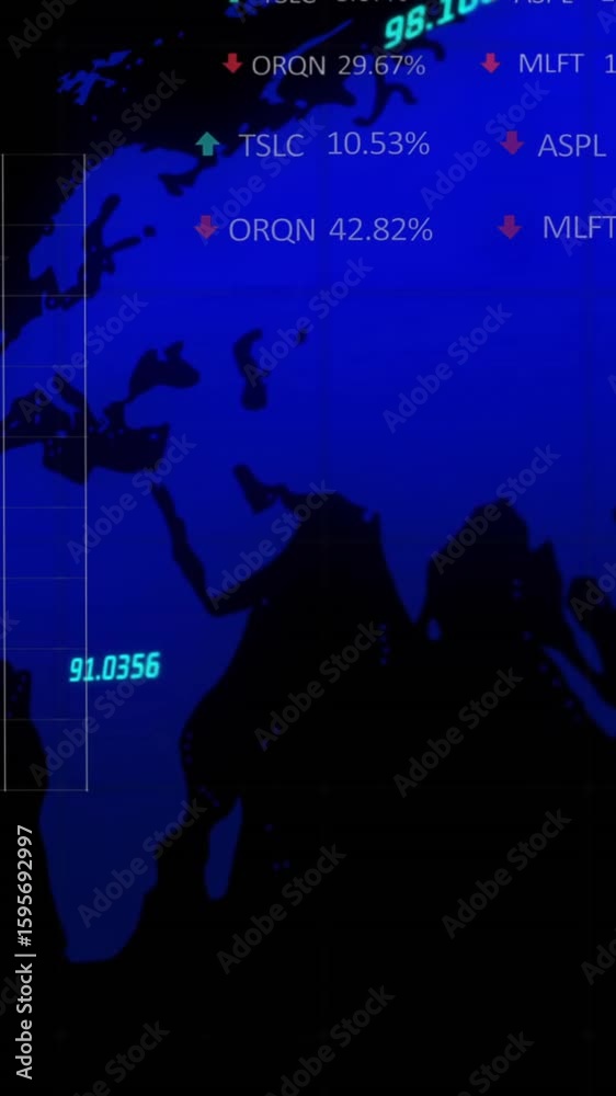 Poster animation of statistics and financial data processing with world map over black background